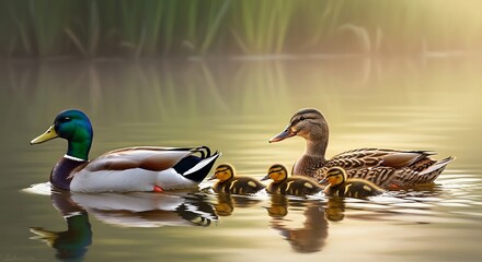 Mallard duck family swimming peacefully on a calm pond.