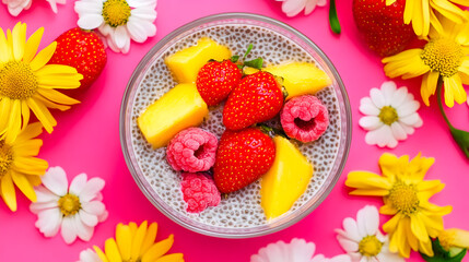 Vibrant chia seed pudding bowl with fresh fruit and daisies on a bright pink background for healthy lifestyle promotions or food blogs