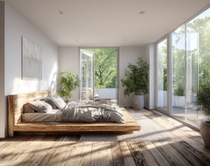 Modern minimalist bedroom with natural light