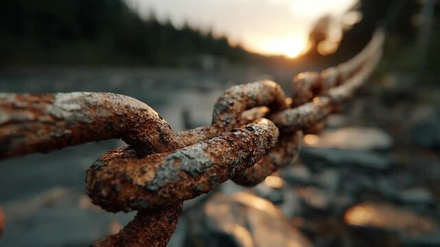 Rusty Chain: The image is a close-up shot of a weathered, rusty chain link bathed in warm sunlight, with a blurred background. Evokes a sense of age, strength, and the passage of time.