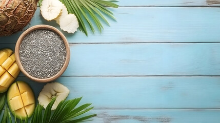 Vibrant tropical fruit and chia seeds on a rustic blue table beckon healthy eating and wellness promotion with natural summer ingredients