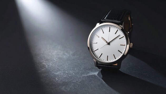 Minimalist watch with classic black leather strap on a dark textured surface with spotlights