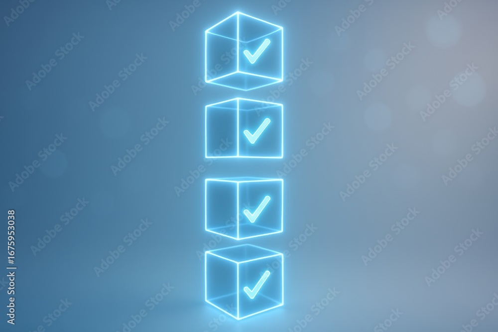 Poster glowing cubes: a series of interconnected neon cubes, each illuminated by a soft blue glow, displayi