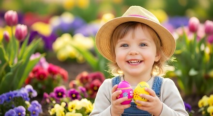 Joyful child celebrating Easter in a colorful garden.