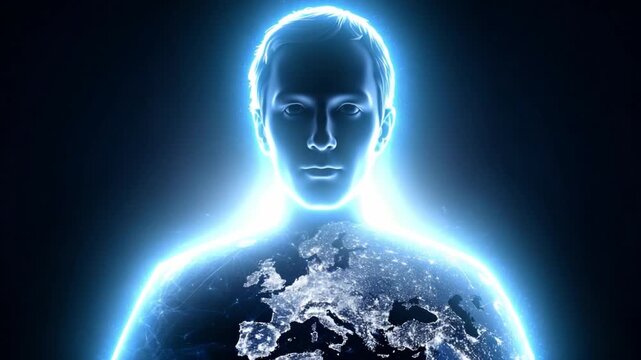 The Man & Earth: A futuristic and artistic concept visualizes a man with the world, embodying the connection between humanity and our planet, bathed in an ethereal glow. 