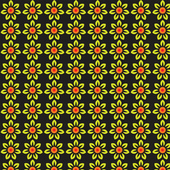 Retro Floral Pattern:  Seamless Yellow and Orange Flowers on Dark Background,  Bold Graphic Design,  Vibrant and Cheerful Mood.