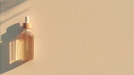 A rectangular glass dropper bottle, filled with a light amber liquid, sits atop a soft beige background, casting subtle shadows.