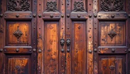 Detailed view of a vintage wooden door with ornate carvings and metal studs.