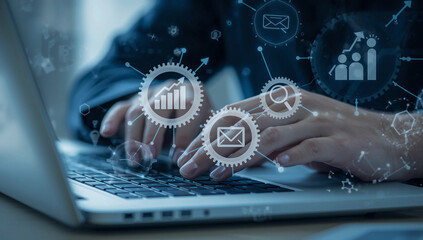 Business Technology Concept, Hands Typing on Laptop with Digital Marketing, Data Analytics, Email, SEO and Network Icons Overlay for Online Communication and Innovation