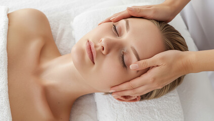 Young woman enjoying relaxing face massage at spa wellness center beauty treatment skin care therapy relaxation concept professional masseur hands facial massage close up