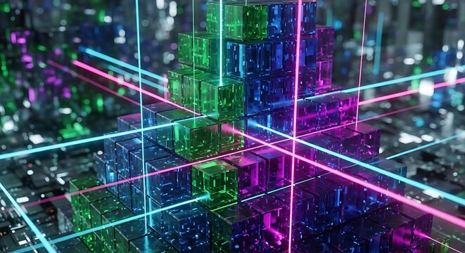 Abstract futuristic structure with glowing neon lights and data streams