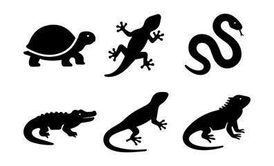 Obraz premium Reptile silhouettes: diverse set of turtle, lizard, snake, crocodile icons