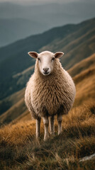 Fototapeta premium Solitary Sheep: An endearing close-up portrait of a sheep, posed serenely in a mountainous landscape, capturing a sense of peaceful solitude amid nature's grandeur.