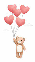 Adorable Teddy Bear Holding Heart Balloons Floating in a Clear Blue Sky with Soft Fluffy Clouds