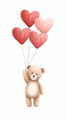 Adorable Teddy Bear Floating with Heart Balloons in a Whimsical Sky Illustration for Nursery Decor and Kids Room Art