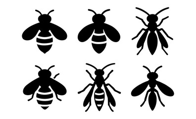 Fototapeta premium Silhouette set of bees and wasps with diverse wing patterns and body shapes