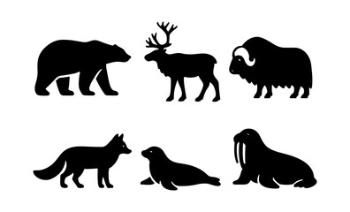 Silhouette collection of arctic animals featuring bear, reindeer, and seal