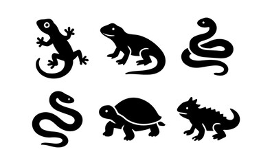 Naklejka premium Reptile silhouette set: gecko, lizard, snake, turtle, chameleon designs in black