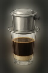 Realistic 3D Icon Vietnamese Phin Coffee with Condensed Milk
