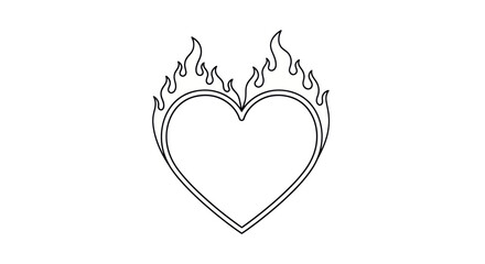 Burning Heart Outline - Heart shape surrounded by flames, single continuous line drawing.