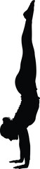 Silhouette of woman doing handstand pose, demonstrating balance, strength, yoga, fitness, workout, and body control in vector style