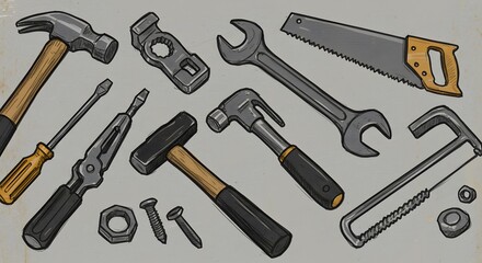 Naklejka premium Illustration of Vintage Style Hand Tools on Gray Background