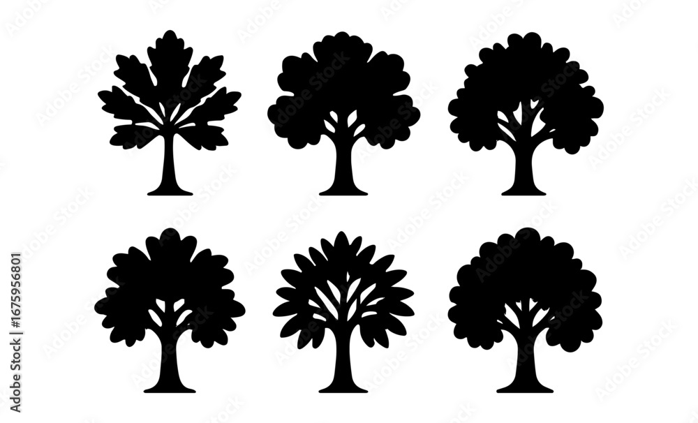 Poster collection of tree silhouettes in various shapes and styles for nature design projects