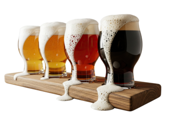 Variety of Beers in Tasting Flight on Wooden Paddle at Microbrewery