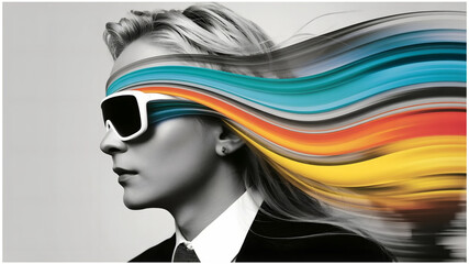 Futuristic creative concept with woman in sunglasses, colorful technology waves, innovation and digital art design