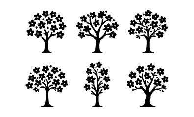 Set of six silhouette trees with blossoms on white background