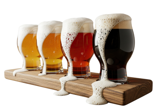 Variety of Beers in Tasting Flight on Wooden Paddle at Microbrewery