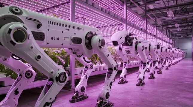 Sleek white quadrupedal robots move through a massive indoor vertical farm, using robotic arms to inspect and harvest hydroponic vegetables under purple LED grow lights.
