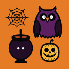 Fototapeta premium Vector art of cute cartoon halloween illustration featuring a purple owl, a cauldron, a jackolantern, and a spider web on an orange background