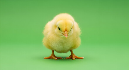 Adorable fluffy yellow chick standing on a vibrant green background studio shot