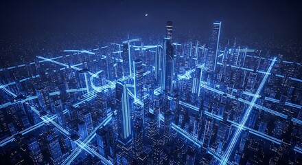 Fototapeta premium Aerial view of a futuristic city with glowing blue digital network lines
