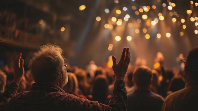 Evangelical church gathering: congregation worshiping with their hands on their hearts