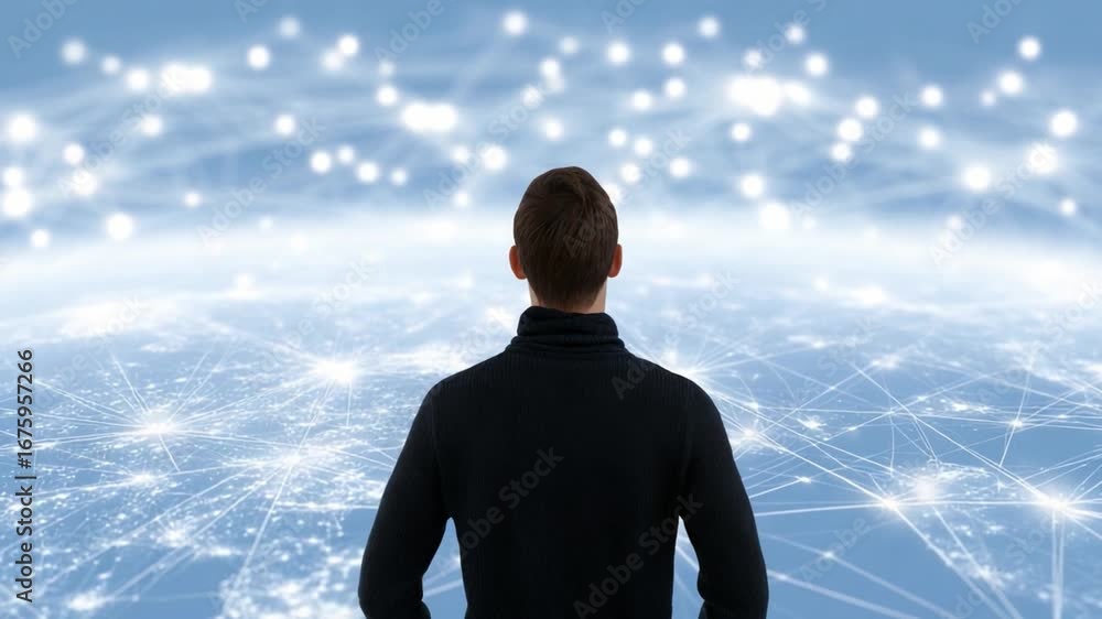 Poster visionary's perspective: a lone figure, his back to the viewer, gazes out towards a network of inter