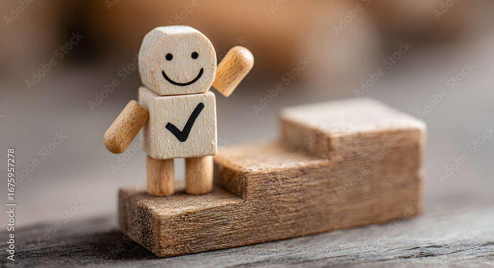 Poster wooden professional management figure smile and staning on second step of stai with tick checkmark f