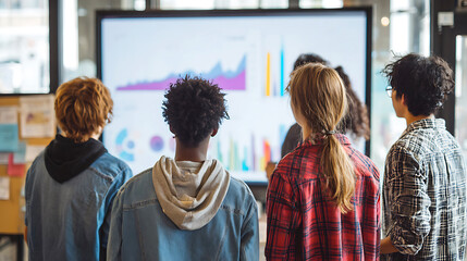 Diverse group of students collaborating and learning from a digital presentation