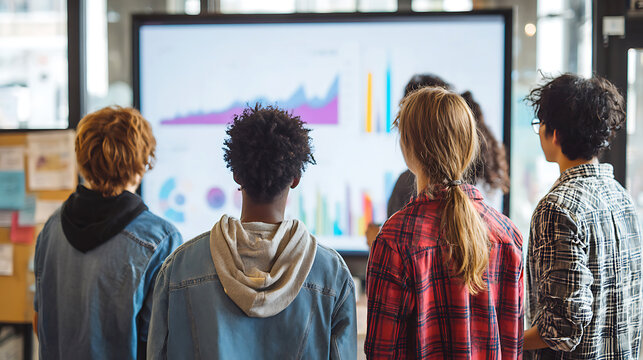Diverse group of students collaborating and learning from a digital presentation