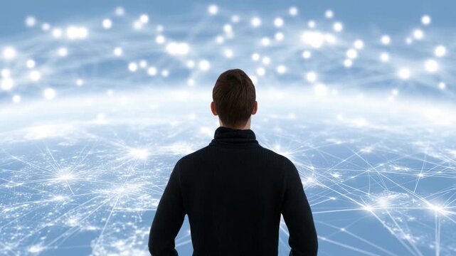 Visionary's Perspective: A lone figure, his back to the viewer, gazes out towards a network of interconnected points, symbolizing the limitless possibilities of innovation.