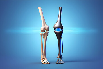Human knee joint anatomy comparison with blue light effect bone
