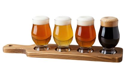 Variety of Beers in Tasting Flight on Wooden Paddle at Microbrewery