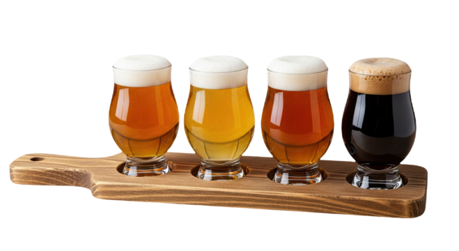 Variety of Beers in Tasting Flight on Wooden Paddle at Microbrewery