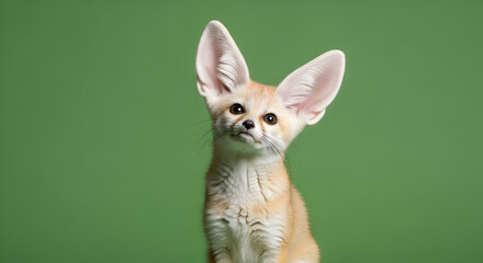 Obraz premium Fennec fox with inquisitive gaze poses against a smooth green backdrop creating minimalist portrait