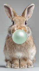 Adorable Brown Bunny Rabbit Blowing a Pale Green Bubblegum Balloon with Fluffy Fur and Alert Ears in Studio Settingrabbit
