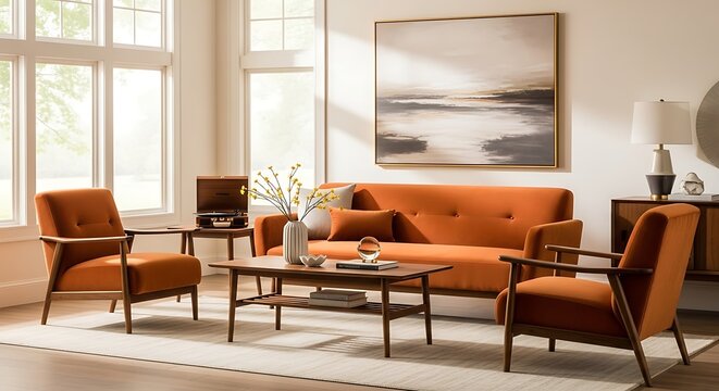 Mid Century Modern Living Room with Orange Furniture.