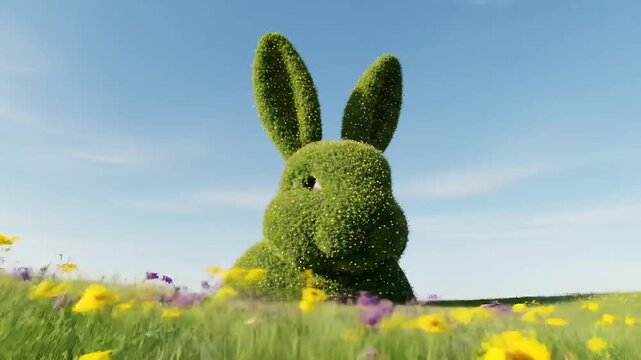 Image is a vibrant, surreal landscape photograph featuring a large, bushy topiary shaped like a rabbit's head with prominent ears. The topiary is lush and green, adorned with small, colorful flowers s