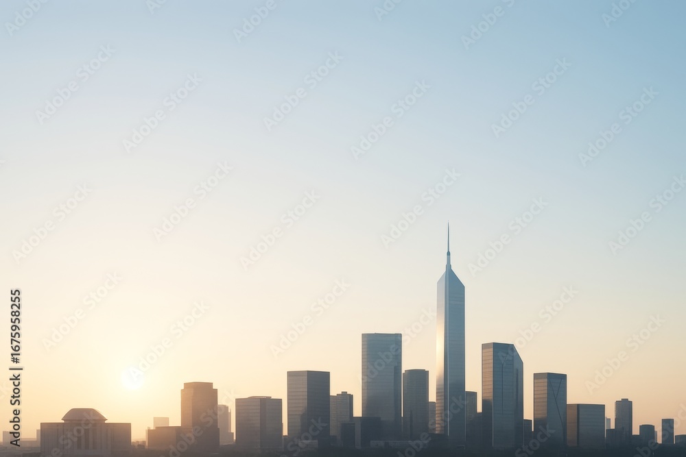 Poster modern city skyline with high-rise buildings at sunrise on soft gradient background, featuring minim