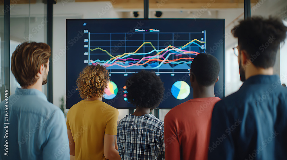 Poster diverse team of professionals analyzing financial data on a large digital screen